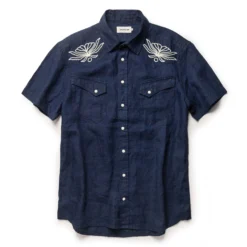 The Embroidered Short Sleeve Western In Indigo Linen