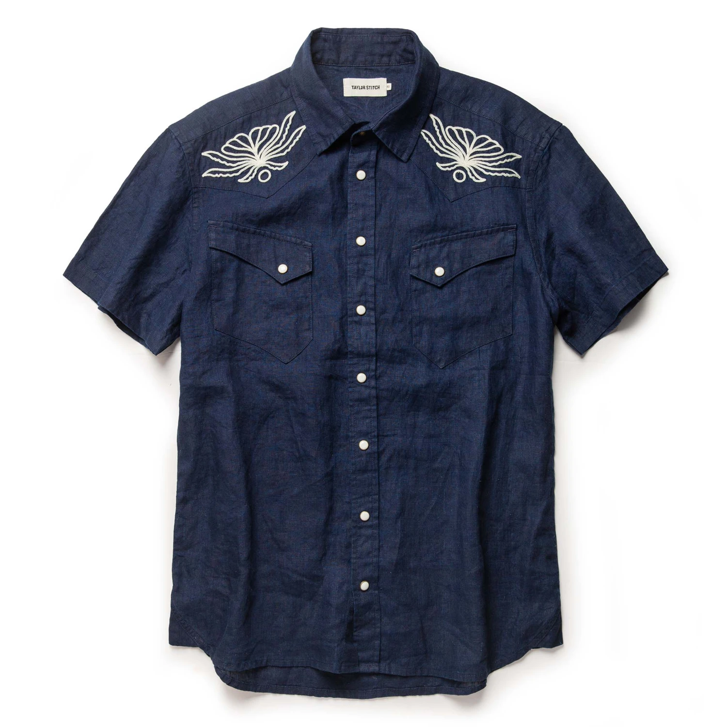 The Embroidered Short Sleeve Western In Indigo Linen