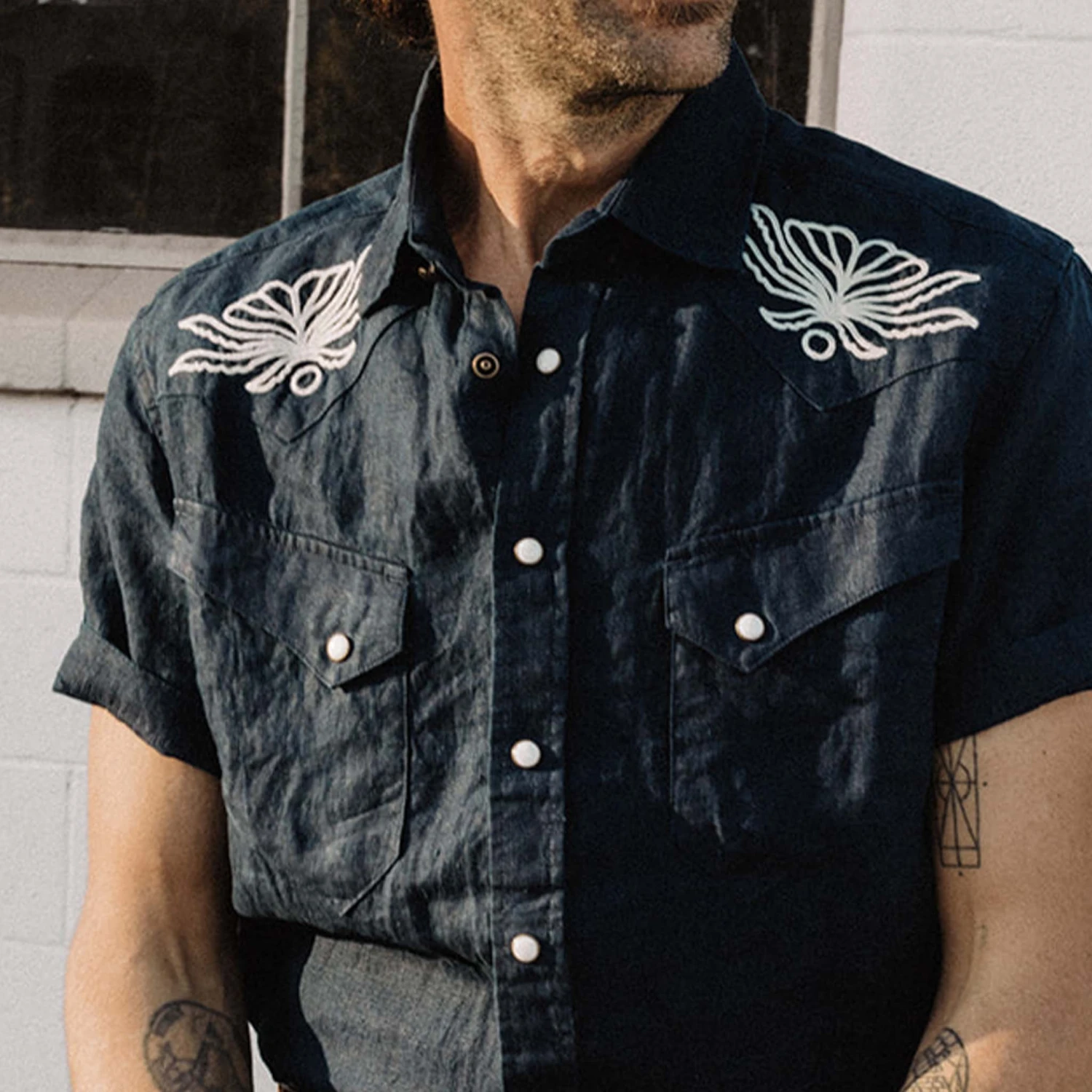The Embroidered Short Sleeve Western In Indigo Linen - Image 3