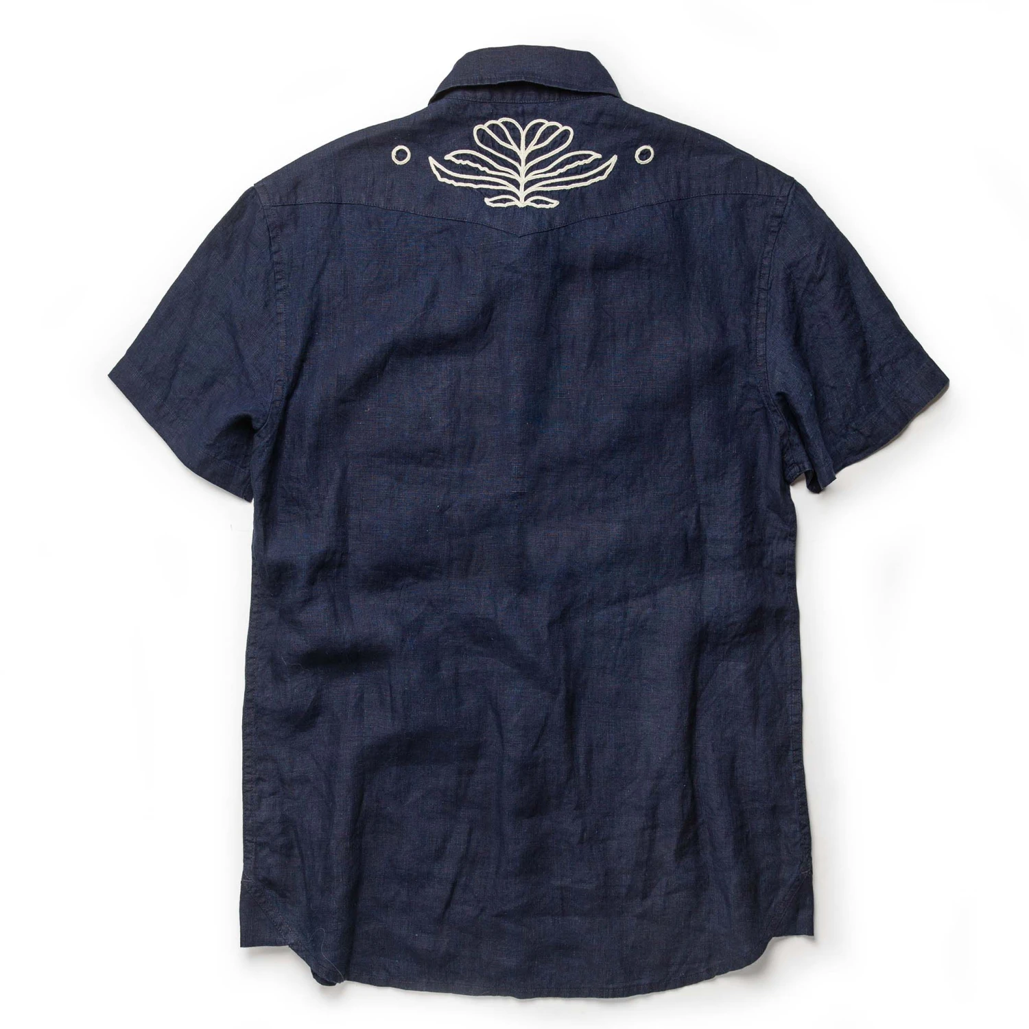 The Embroidered Short Sleeve Western In Indigo Linen - Image 9
